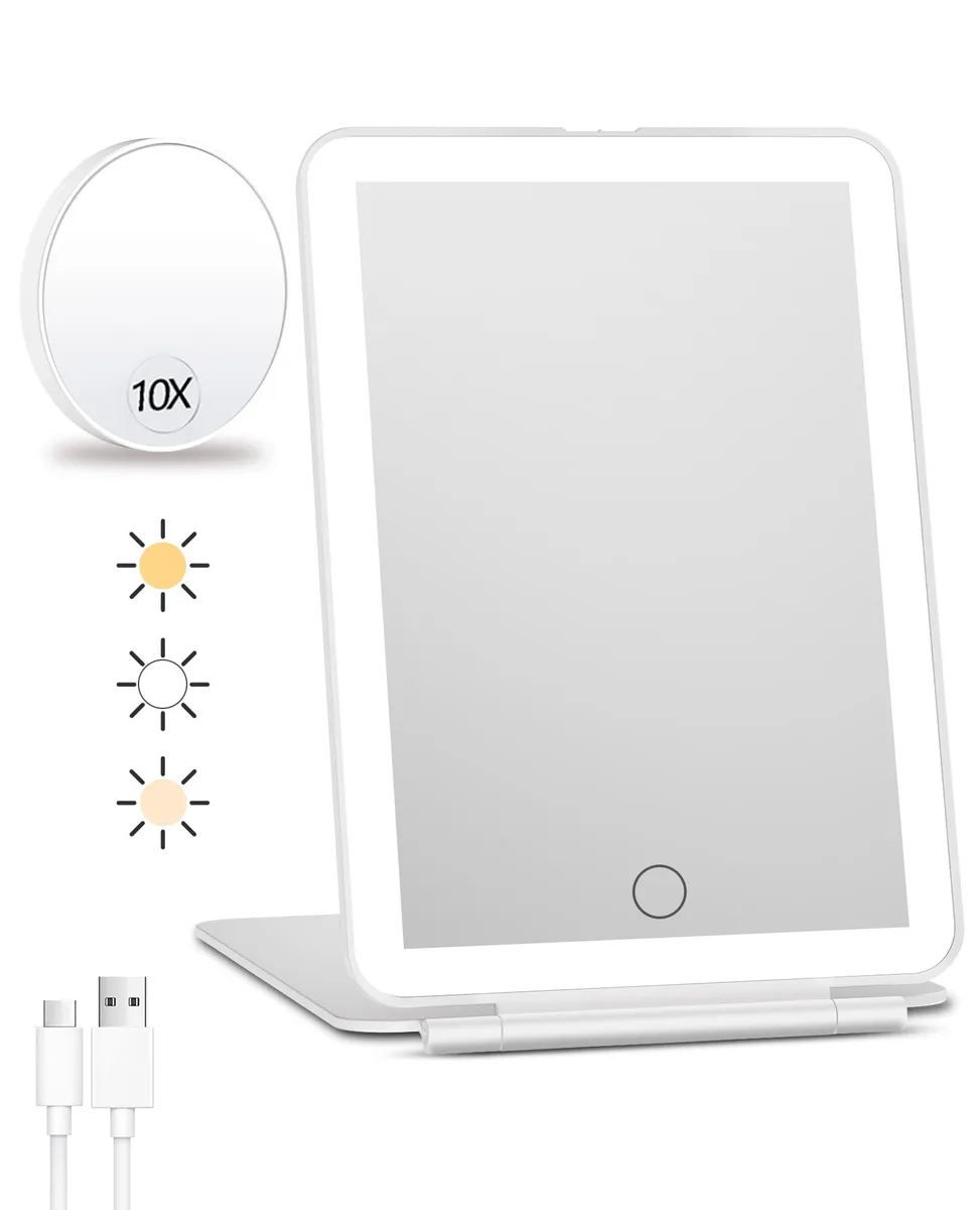 Square white travel makeup mirror with LED lights, detachable 10X magnifying mirror, USB rechargeable
