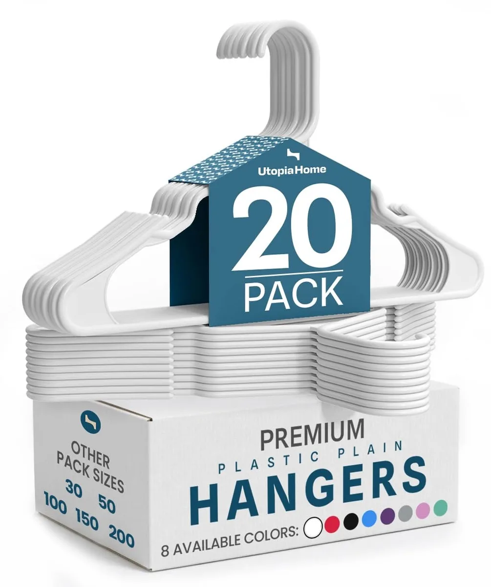 Twenty white plastic hangers, slim flat profile, smooth finish