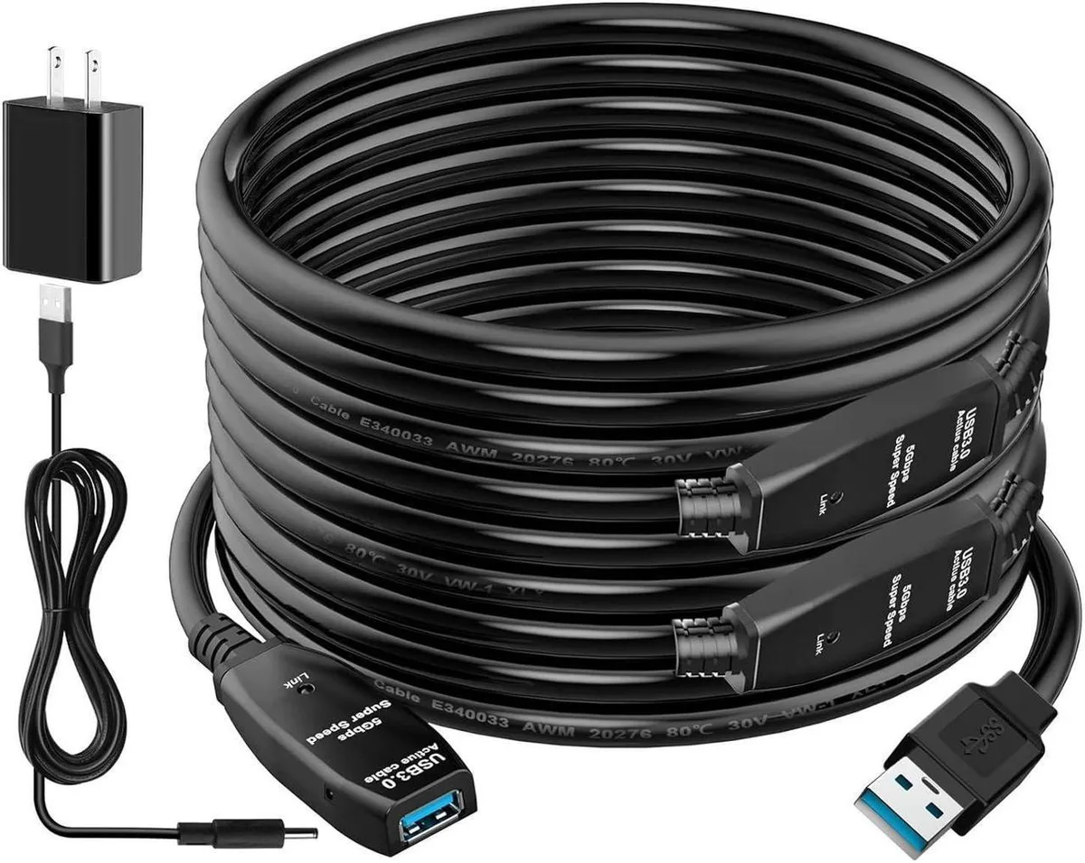 Blue 33-foot active USB 3.0 extension cable with male-to-female connectors and included 5V power adapter