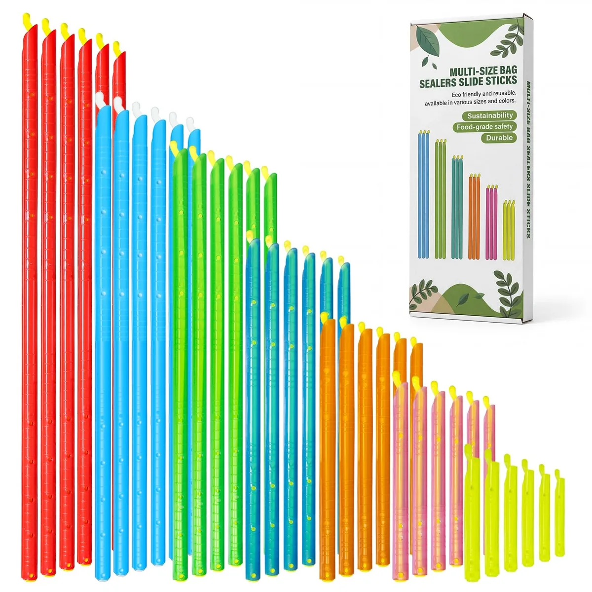 42 plastic bag sealing clips in seven colours and sizes, slide-on design