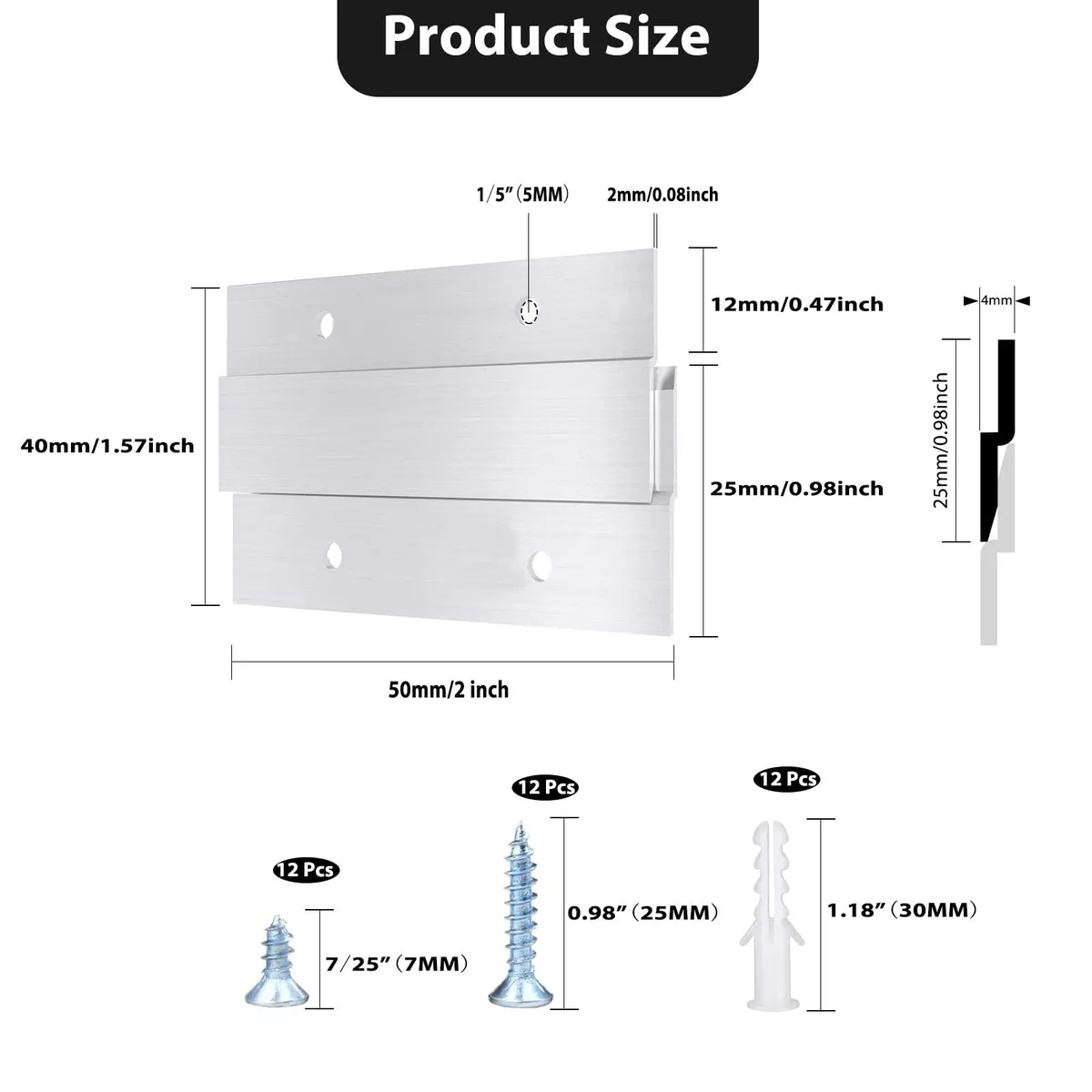 Six pairs of silver aluminium French cleat brackets with mounting screws and wall plugs