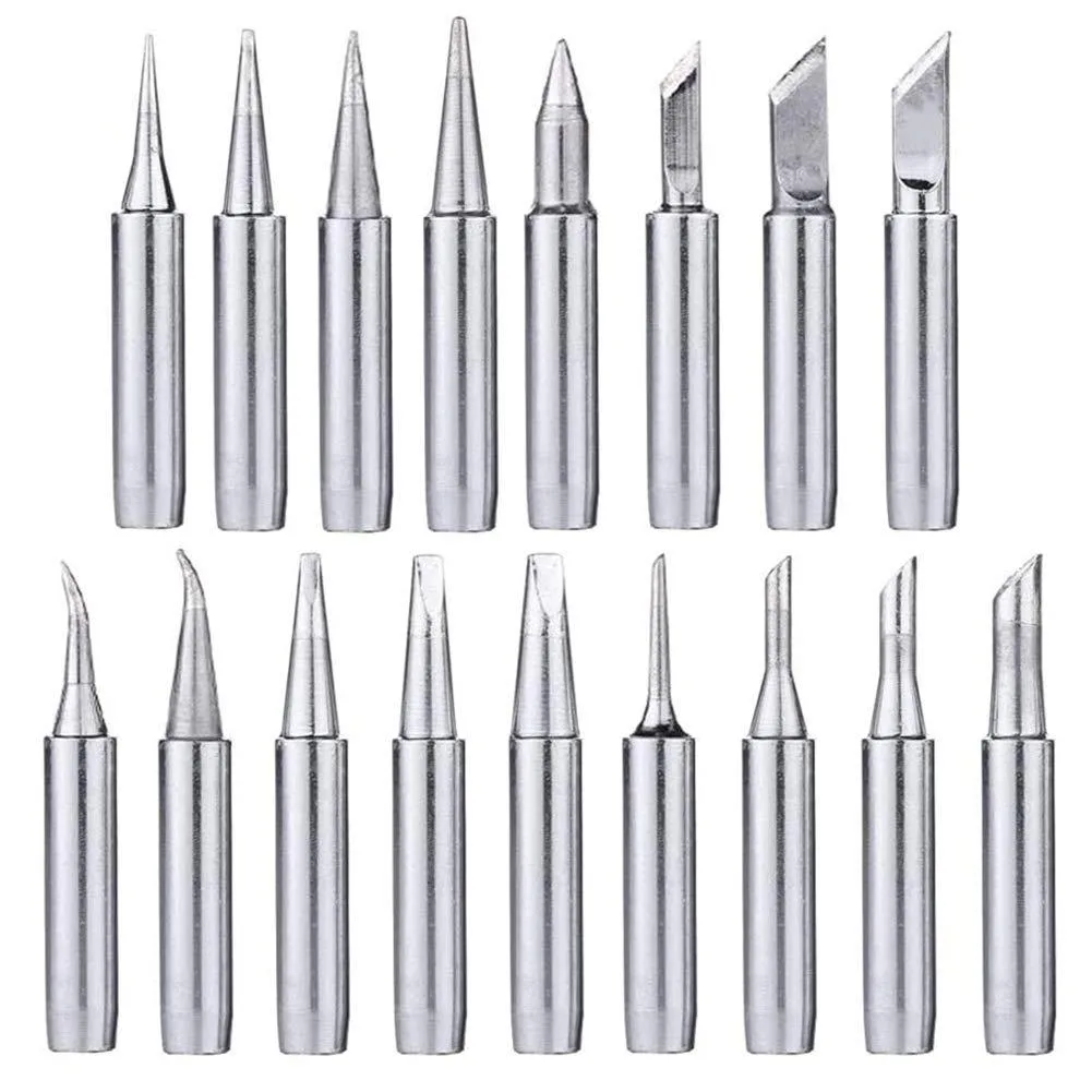 A clear plastic box holding 17 silver soldering tips in assorted shapes