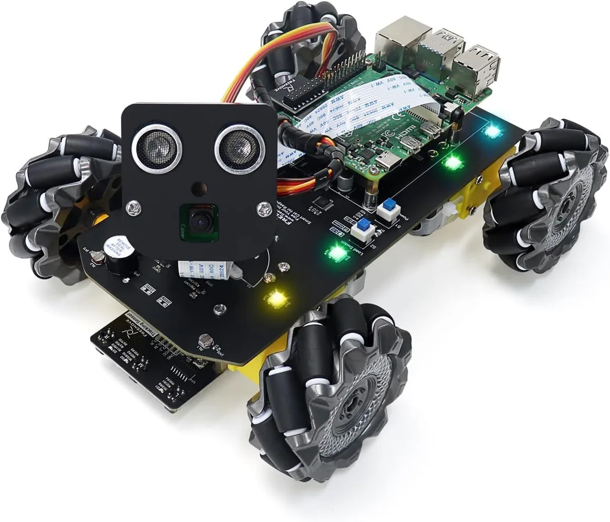 Unassembled Mecanum-wheel robot chassis with camera servo and ultrasonic sensor, Raspberry Pi board not included