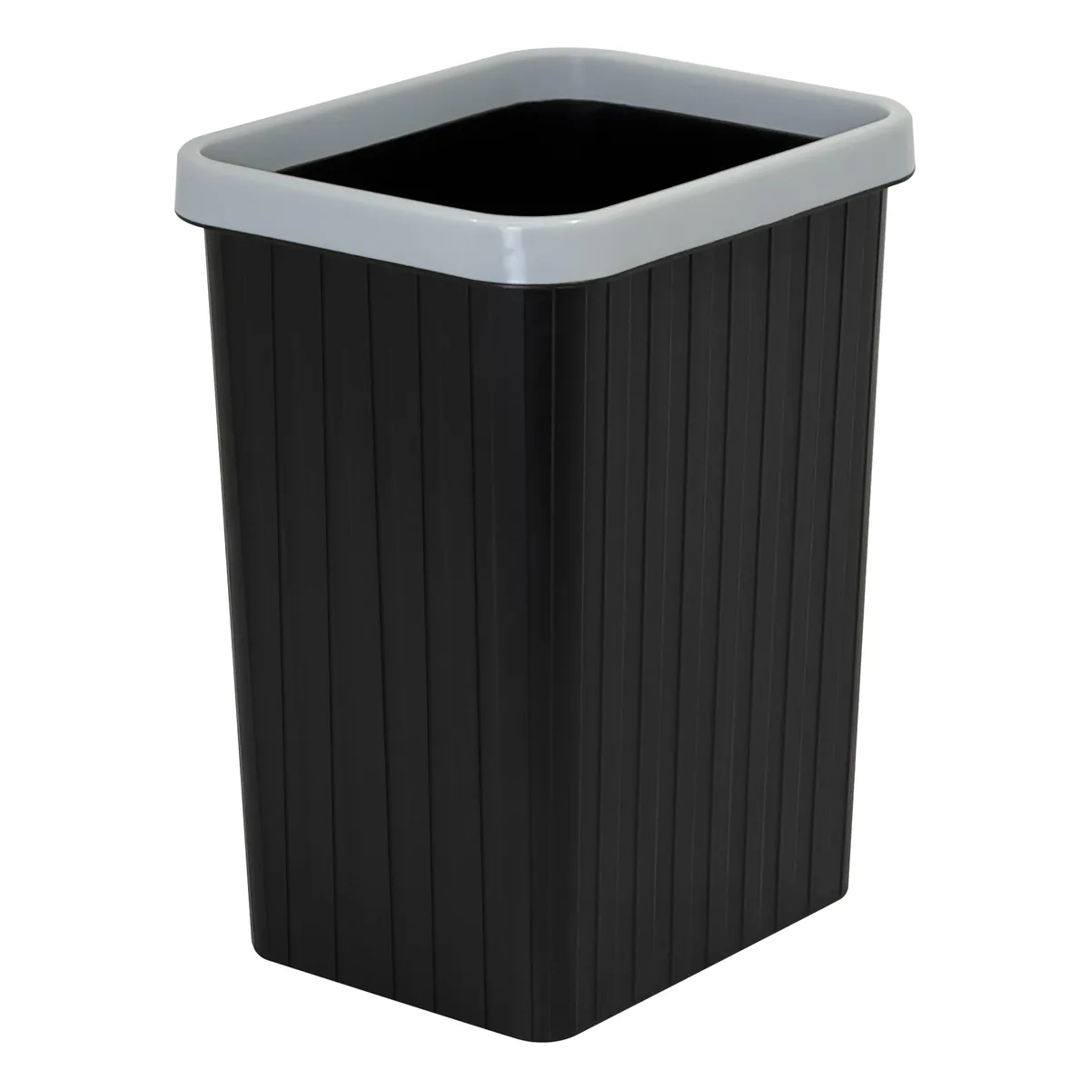 Twelve black rectangular plastic bins with smooth matte finish and built-in bag rings