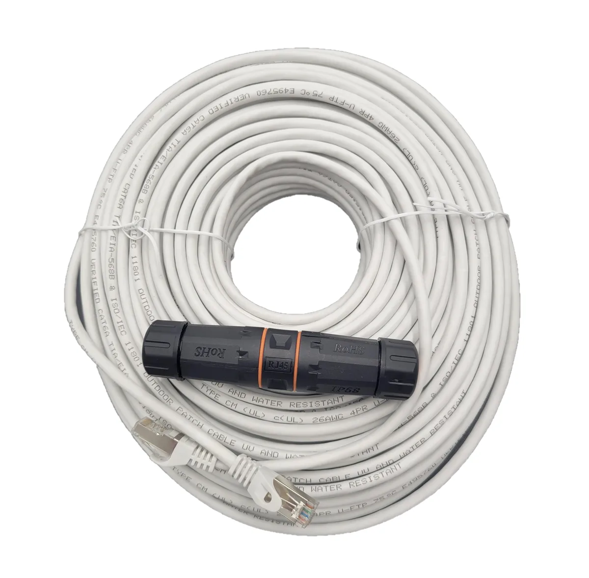 Micro Connectors Micro Connectors 150 ft CAT6A Outdoor Shielded Ethernet Cable Kit White IP68 Coupler — product photo