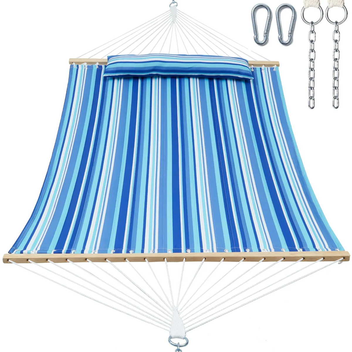 Ocean blue double quilted hammock with 55in hardwood spreader bar and removable pillow