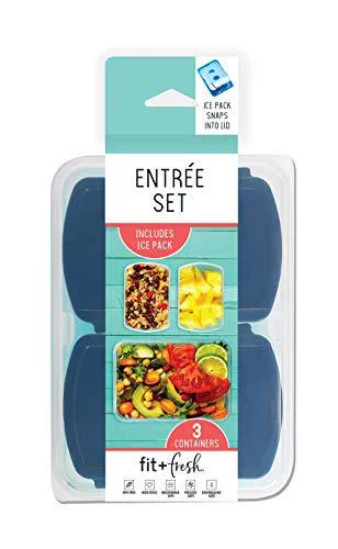 Blue rectangular lunch box with two small inner containers and a white ice pack nestled between them