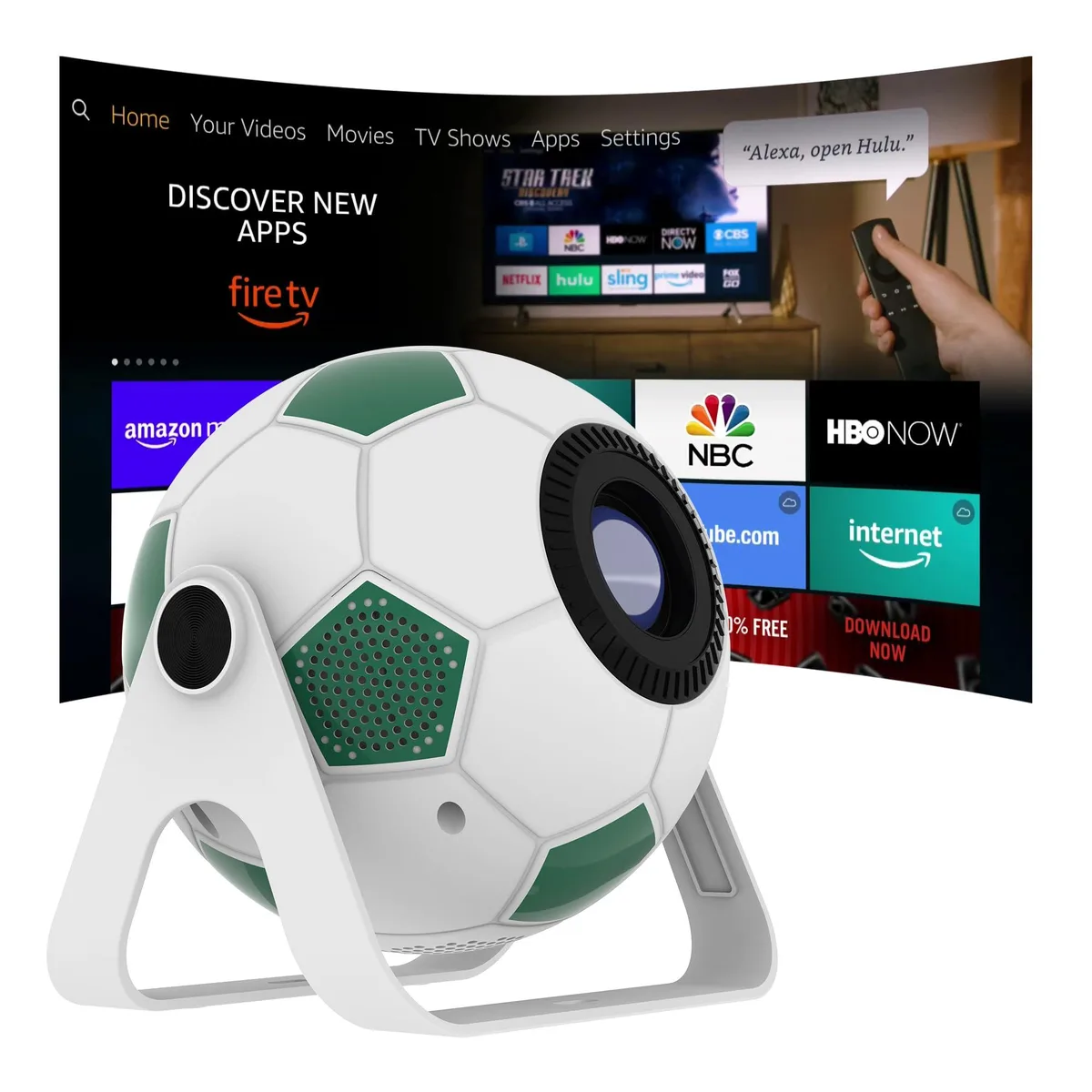 Compact white and green football-themed LCD projector with built-in speaker and remote control