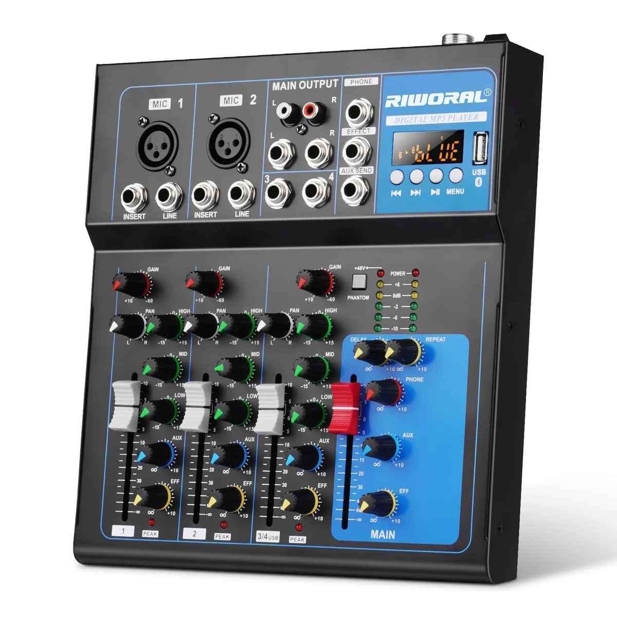 Numark four-channel DJ mixer with Bluetooth and phantom power