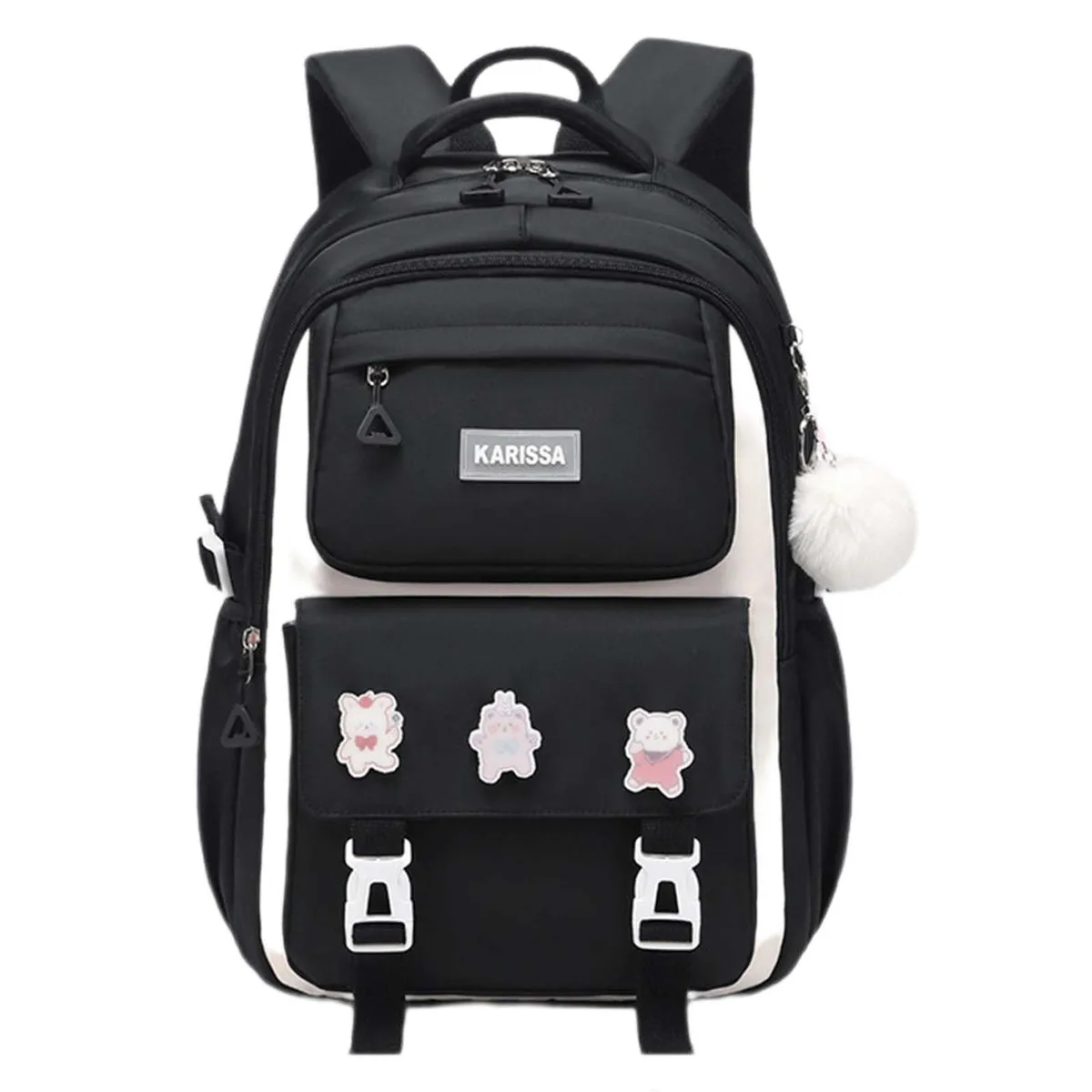 Black oxford fabric backpack with adjustable straps and plush pendant, shown from front