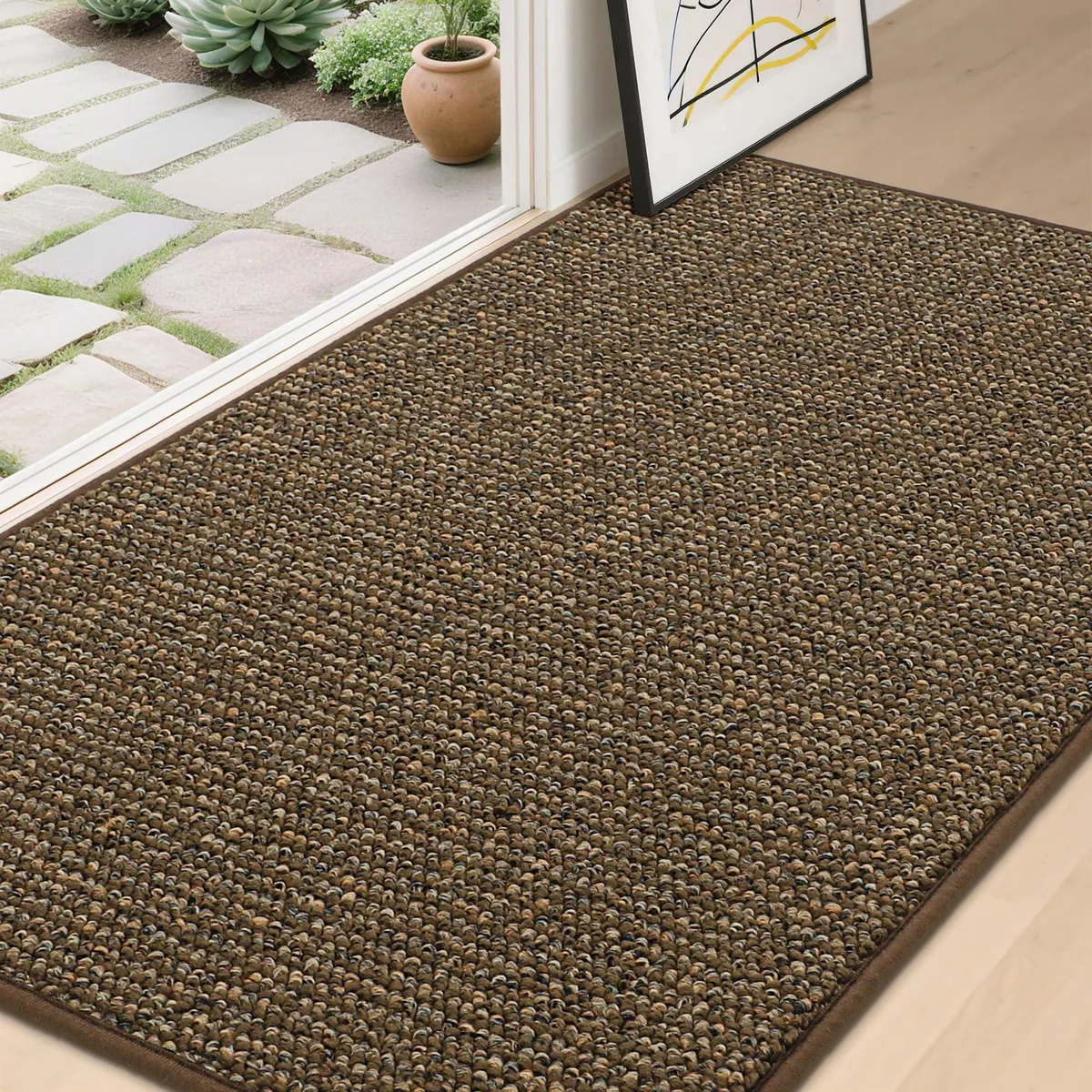 Rectangular black bamboo door mat with striped pattern, low profile, 36 by 60 inches