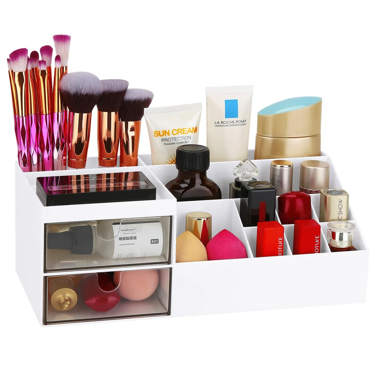 Black rectangular bath storage unit with ten compartments and two transparent drawers, tabletop mount, polished finish