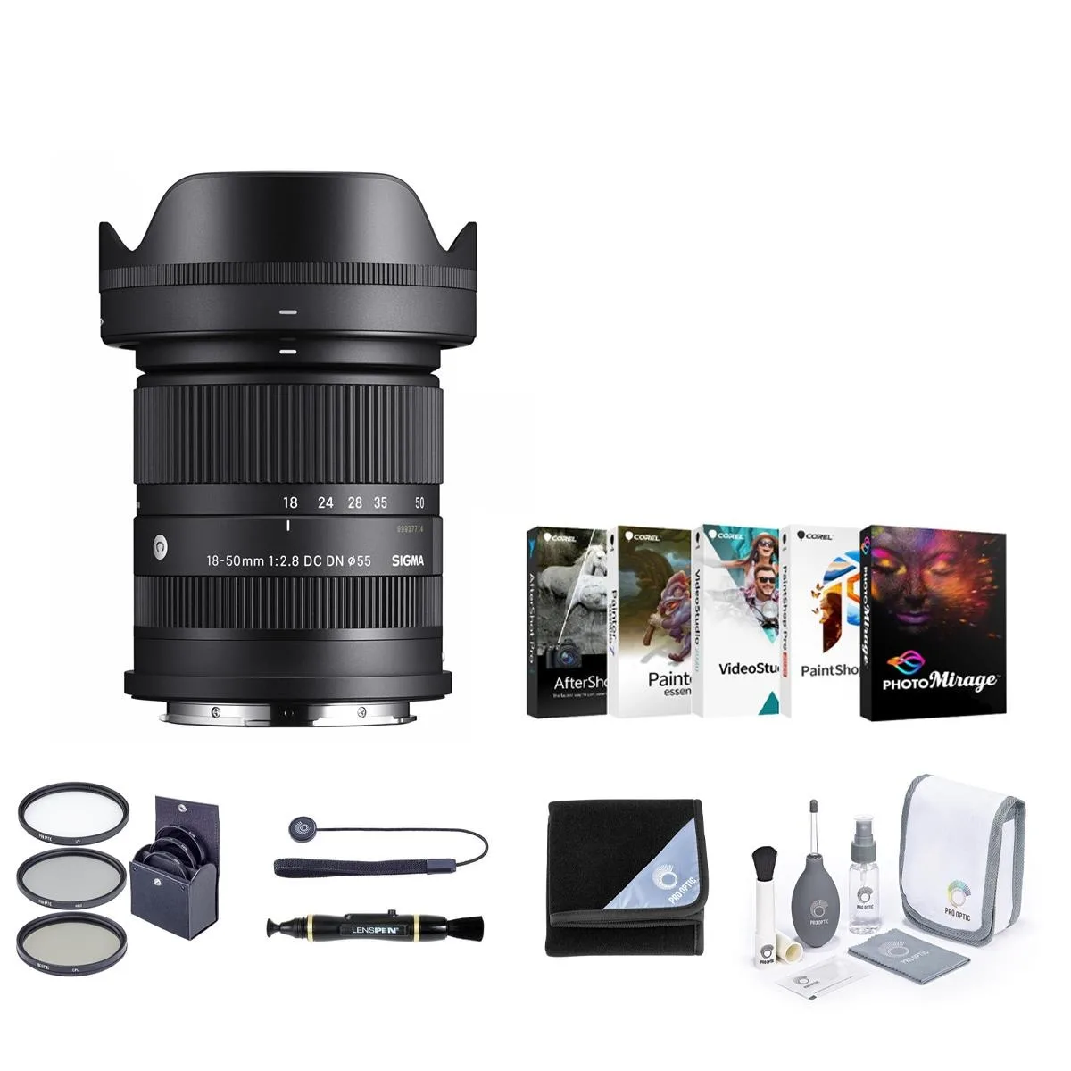 Compact black Sigma zoom lens for Sony E-mount with bundled accessories