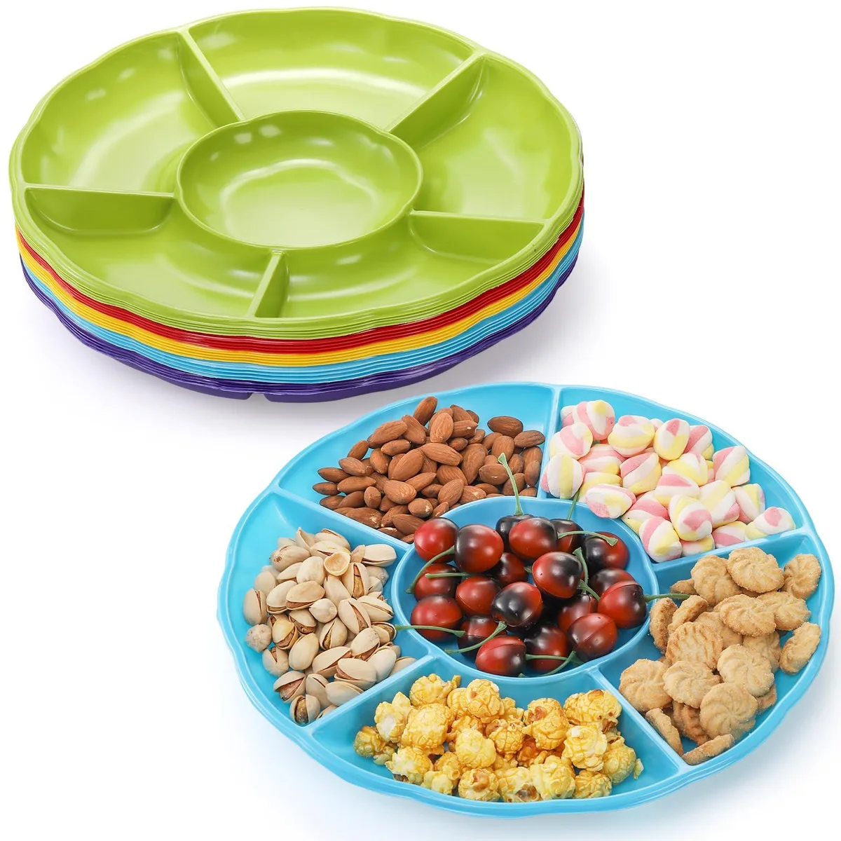 Twenty 12 inch round plastic platters in five colours, each with six flower shaped compartments