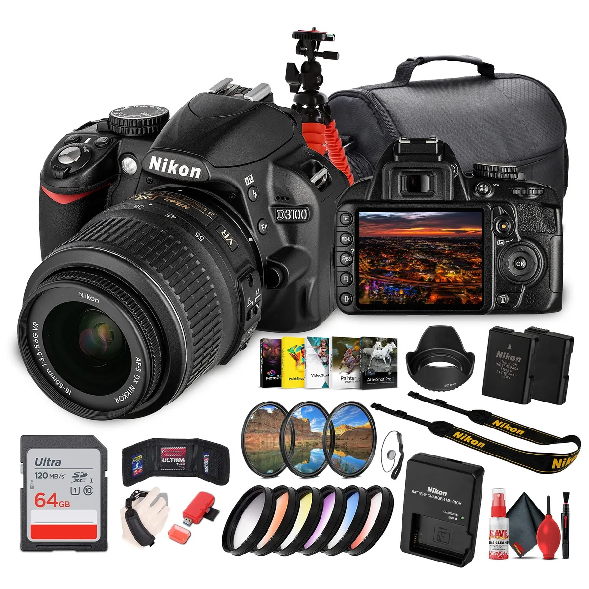 Nikon Inc Nikon D3100 Camera Kit 18-55mm VR Lens 14.2MP 64GB Card Bag Tripod — product photo