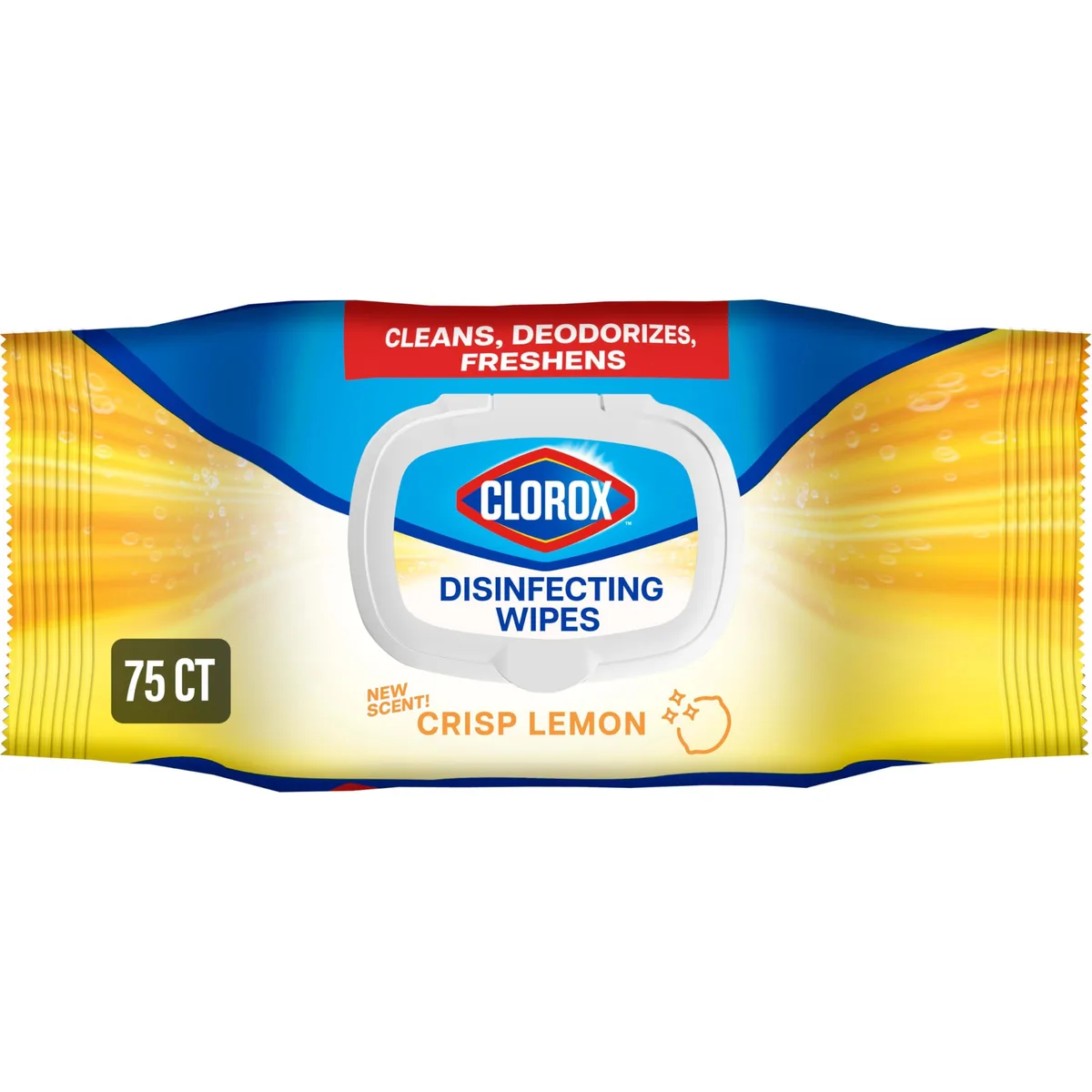 White rectangular flex pack with yellow lemon graphic and blue Clorox branding, 75-count disinfecting wipes