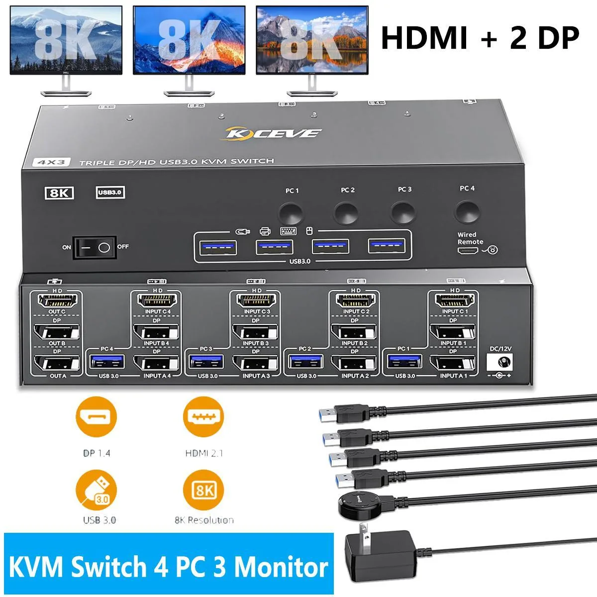 WRIARICH WRIARICH KVM Switch 1 HDMI + 2 DP 3 Monitors 4 PCs USB 3.0 8K@60Hz Wired Remote — product photo