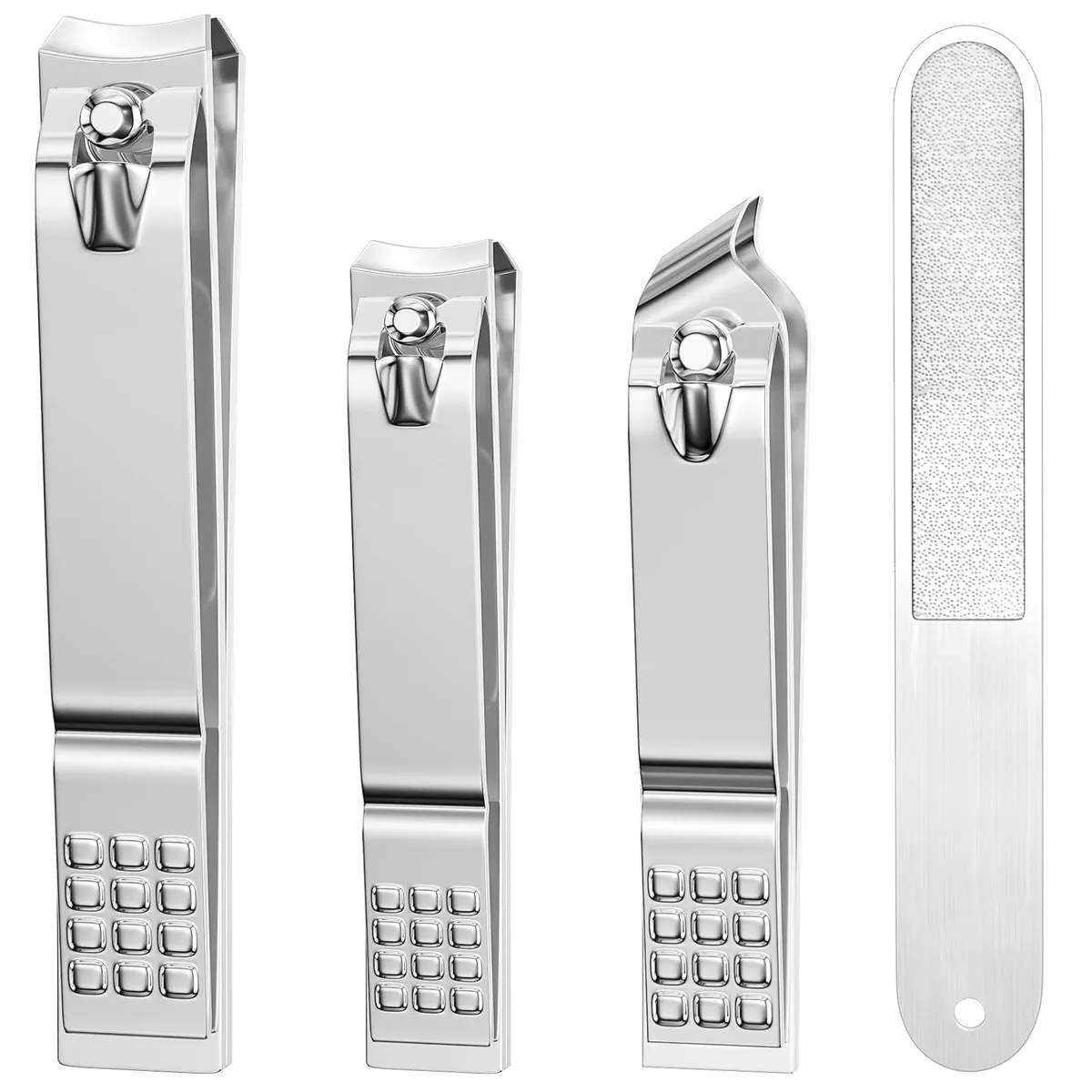 Silver four-piece nail clipper set with curved, straight and angled trimmers plus a file