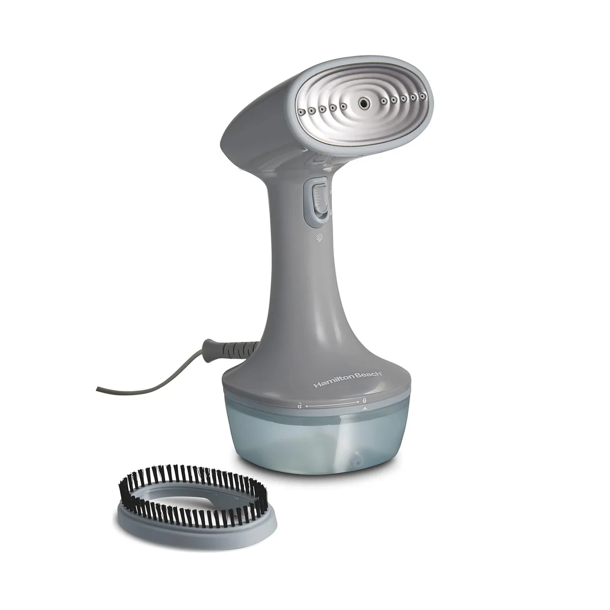 White handheld garment steamer with removable 400ml water tank, ergonomic shape, 10.6 inches tall