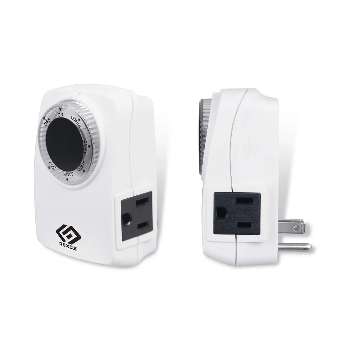 Two compact white plug-in timer switches with grounded outlet and push-button controls