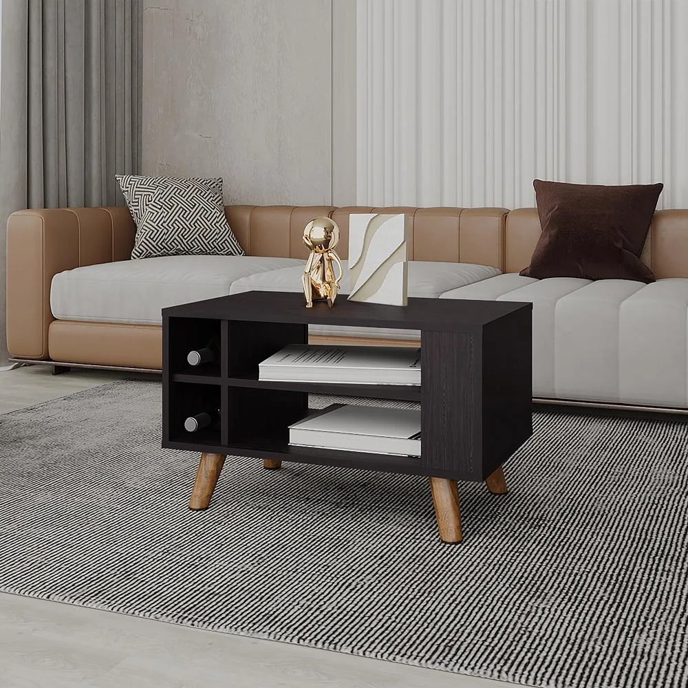 Black rectangular coffee table with lower shelf, engineered wood finish