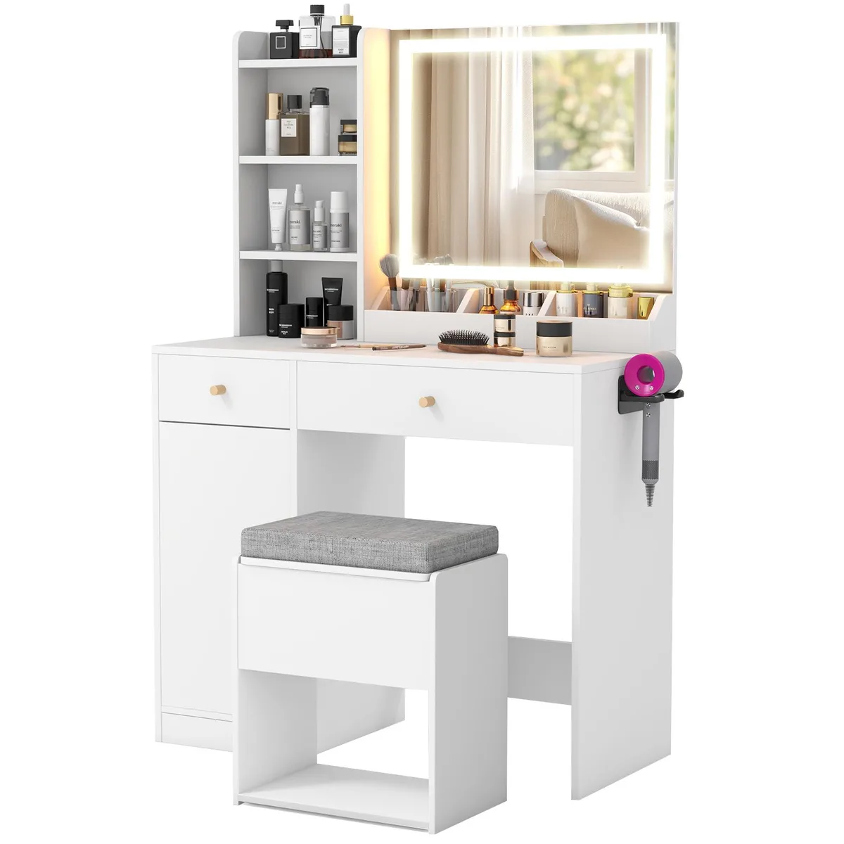 White vanity dressing table with mirror and lights, matching stool, engineered wood and glass construction