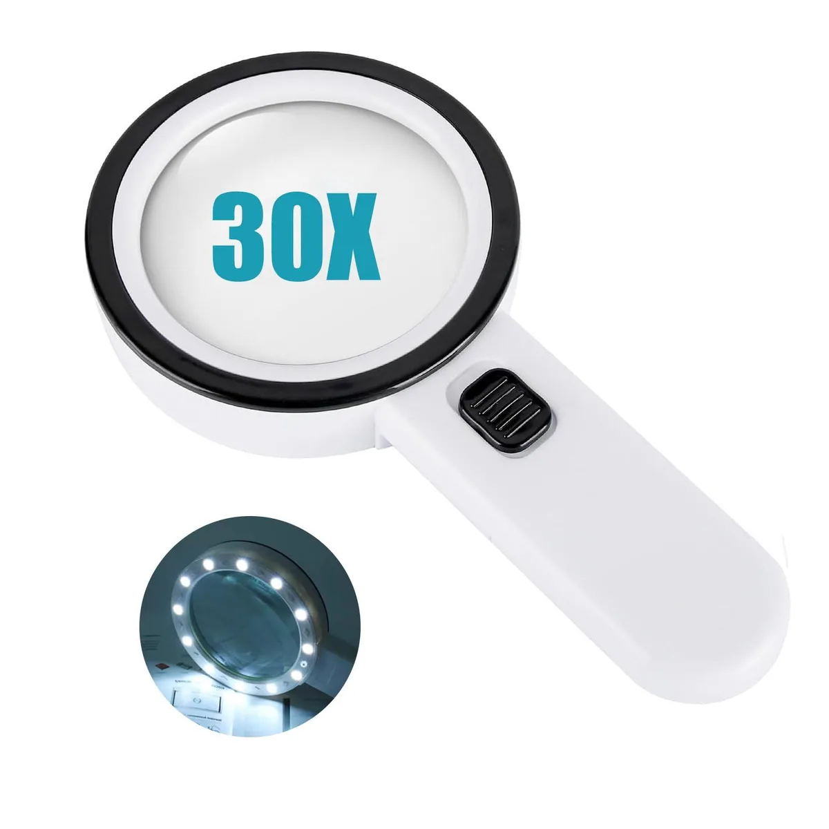White handheld magnifier 125mm lens 13 LEDs UV light