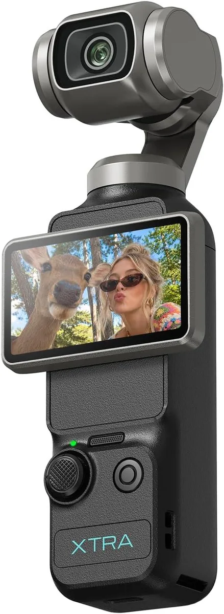 Black pocket gimbal camera with rotatable 2-inch touchscreen and included microphone