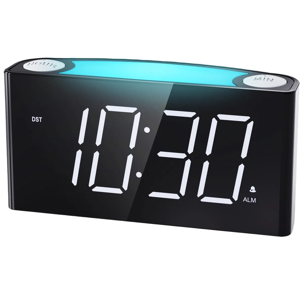 Black rectangular digital clock with large white LED digits and night light button