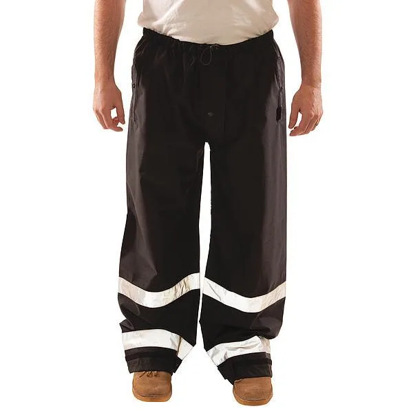 Black polyurethane rain pants with polyester lining, hook-and-loop ankles, drawstring waist, size L