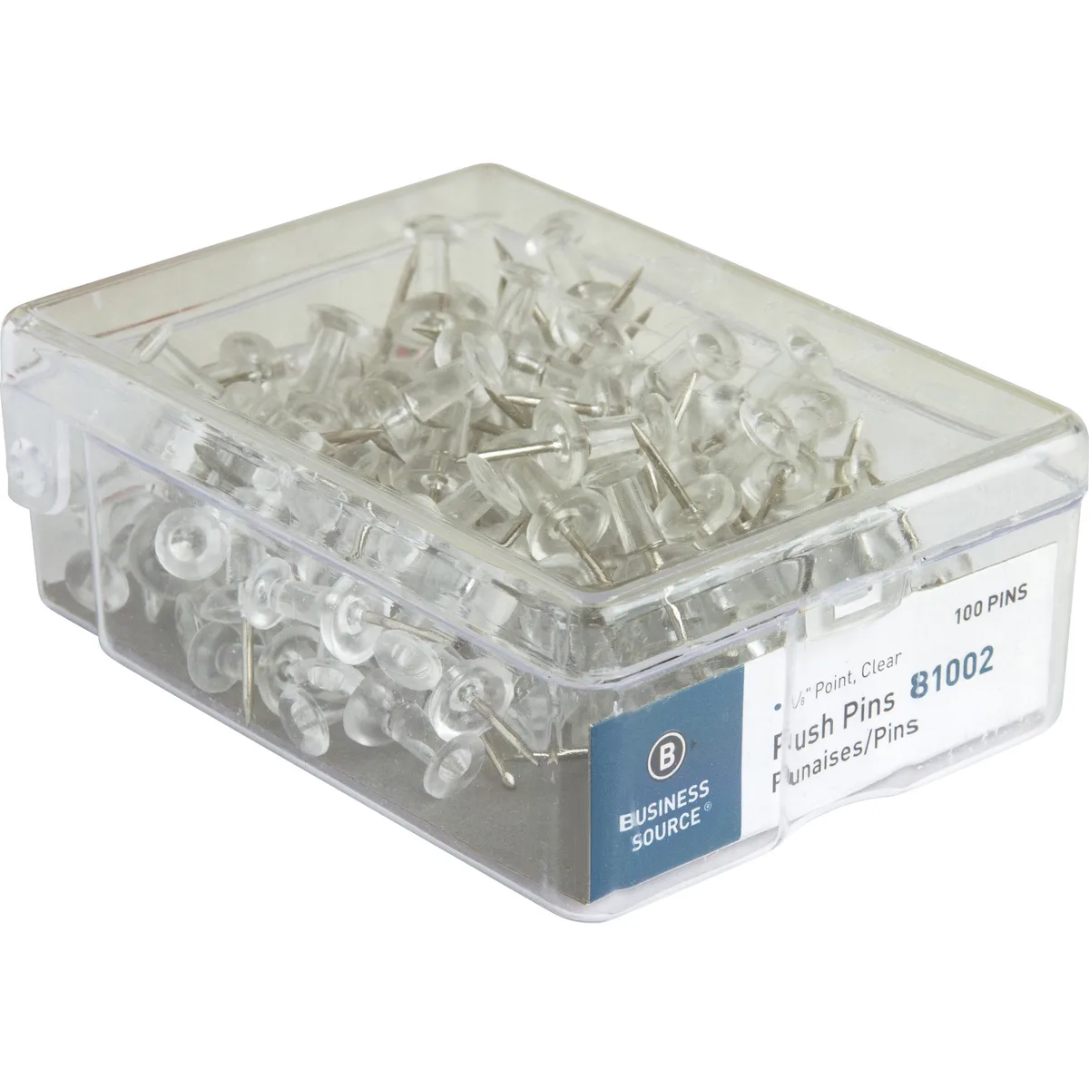 Clear plastic push pins with round heads in a box of 100