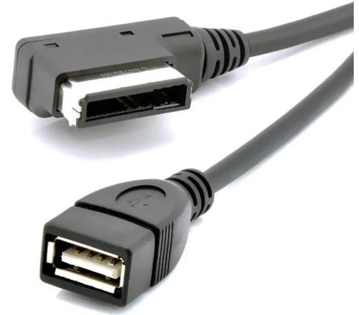 Short black adapter cable with AMI MMI male plug and USB female port, 32