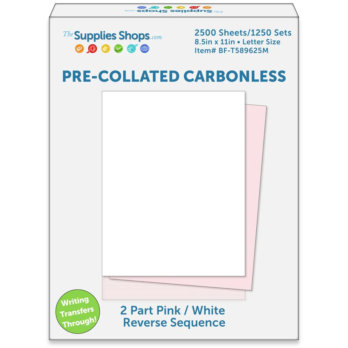 Carton of pink and white carbonless paper sheets