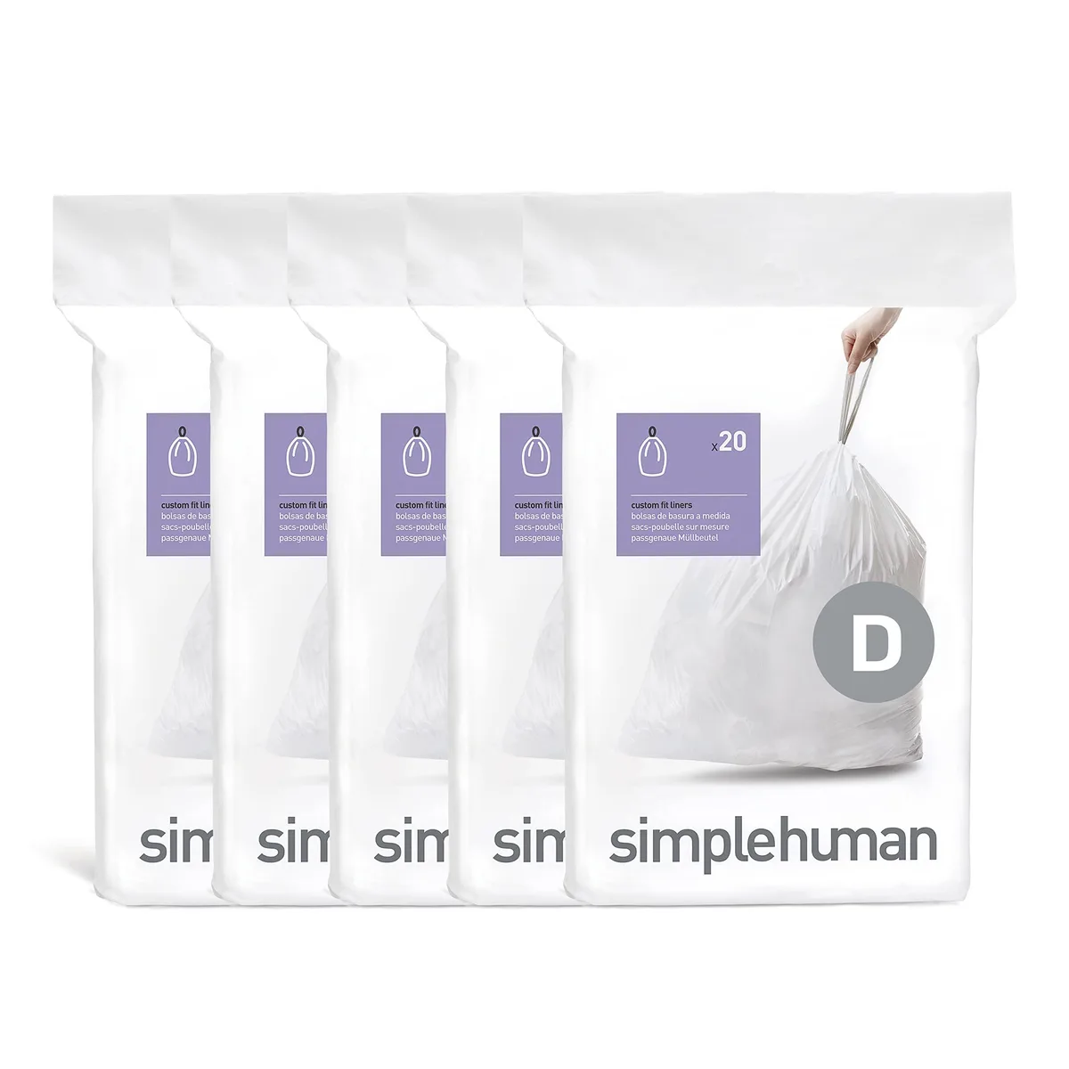 White rectangular box containing 100 custom-fit white drawstring trash liners for 20 liter cans
