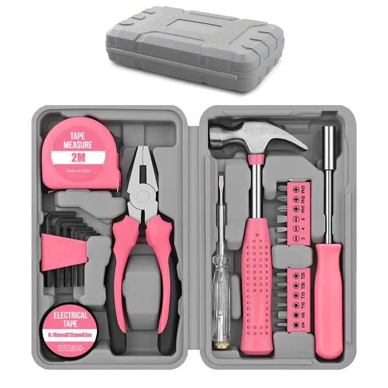 Pink 24-piece hand tool kit in compact book-sized case