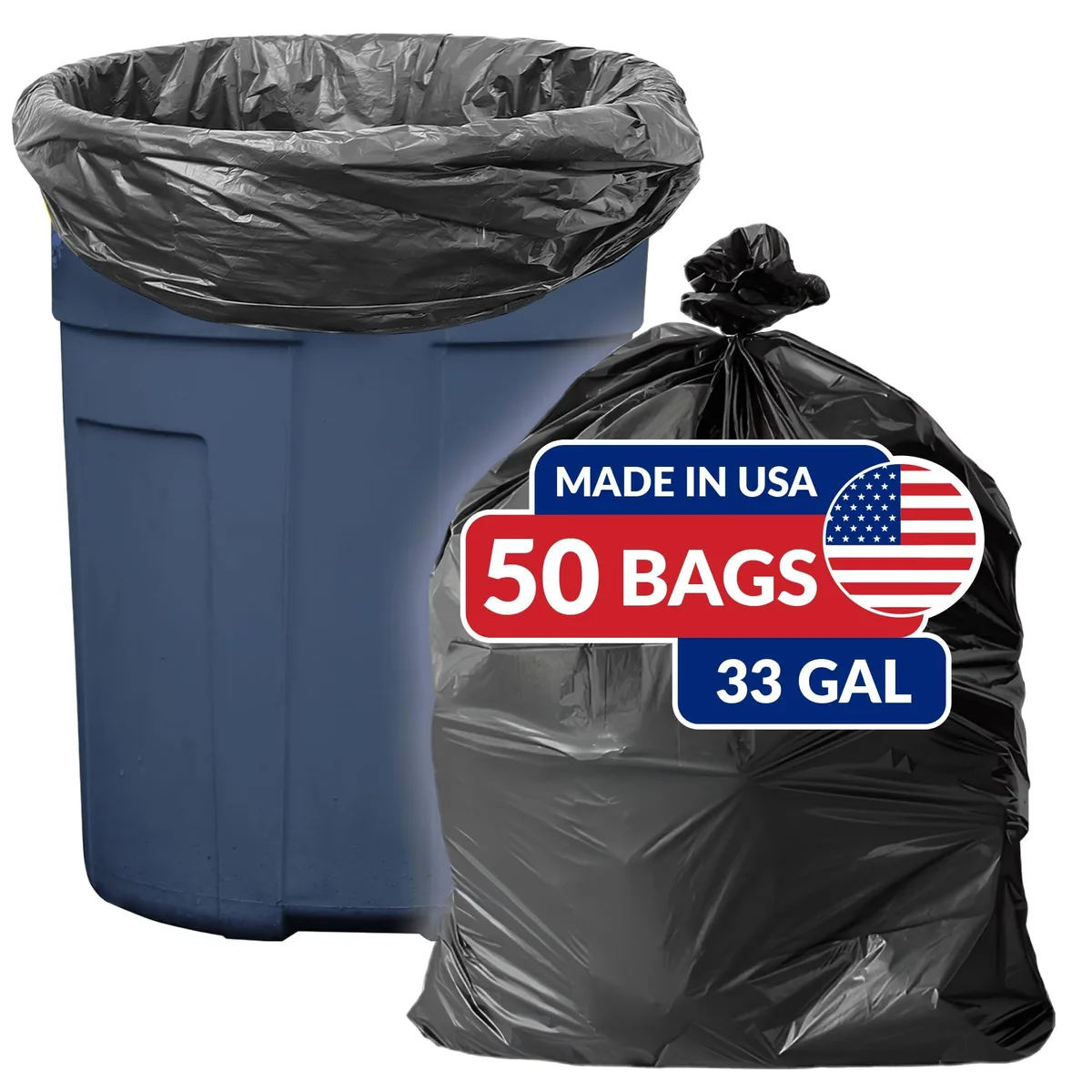 Box containing two coreless rolls of black 33 gallon trash bags 50 count