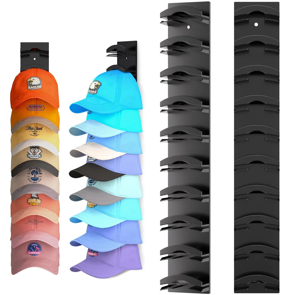 Two black hat-organiser strips, each 15.5 by 2.36 by 1.3 inches, holding ten caps per strip