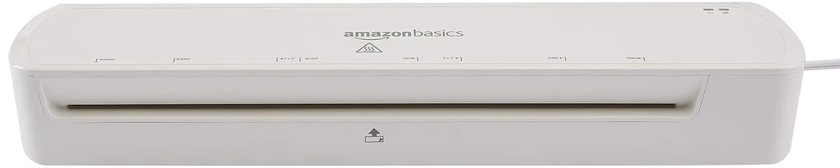 White rectangular tabletop laminator with front control panel and document feed slot