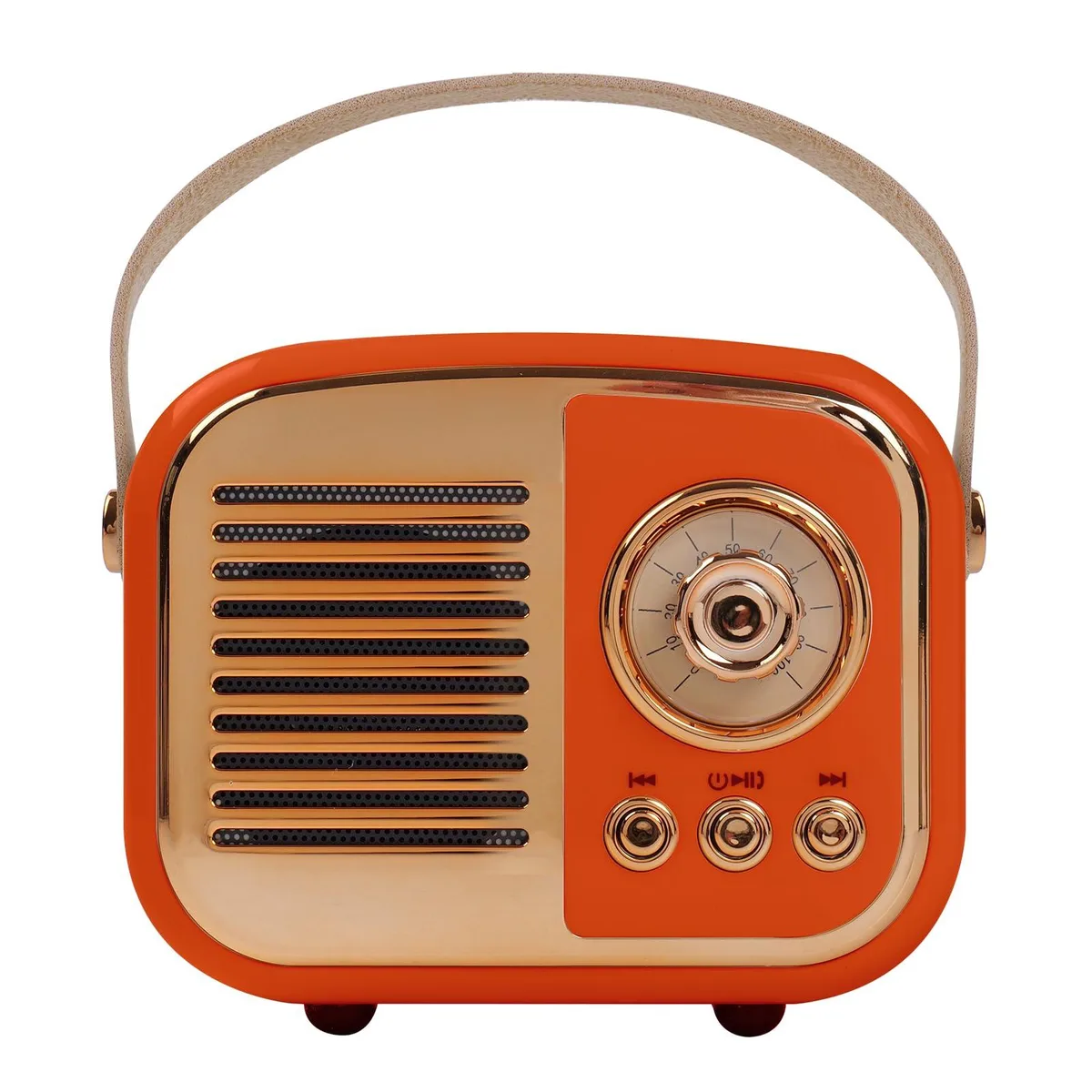 Orange retro-styled Bluetooth speaker, compact plastic cabinet, rounded edges, volume knob on top