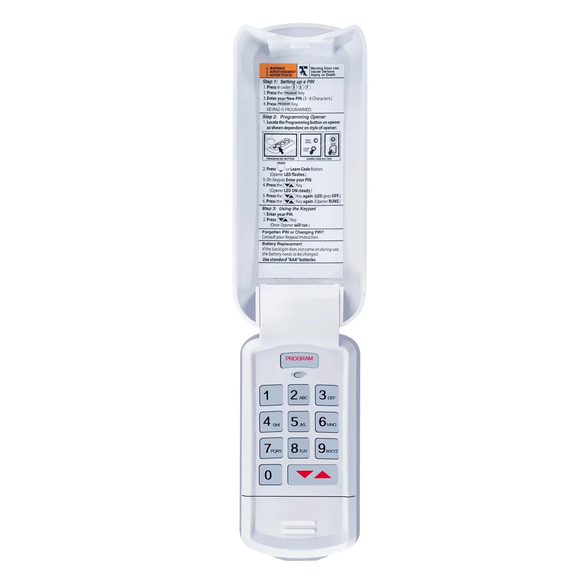 Rectangular wireless garage door keypad with glow-in-the-dark buttons, light-coloured plastic housing, wall-mount design