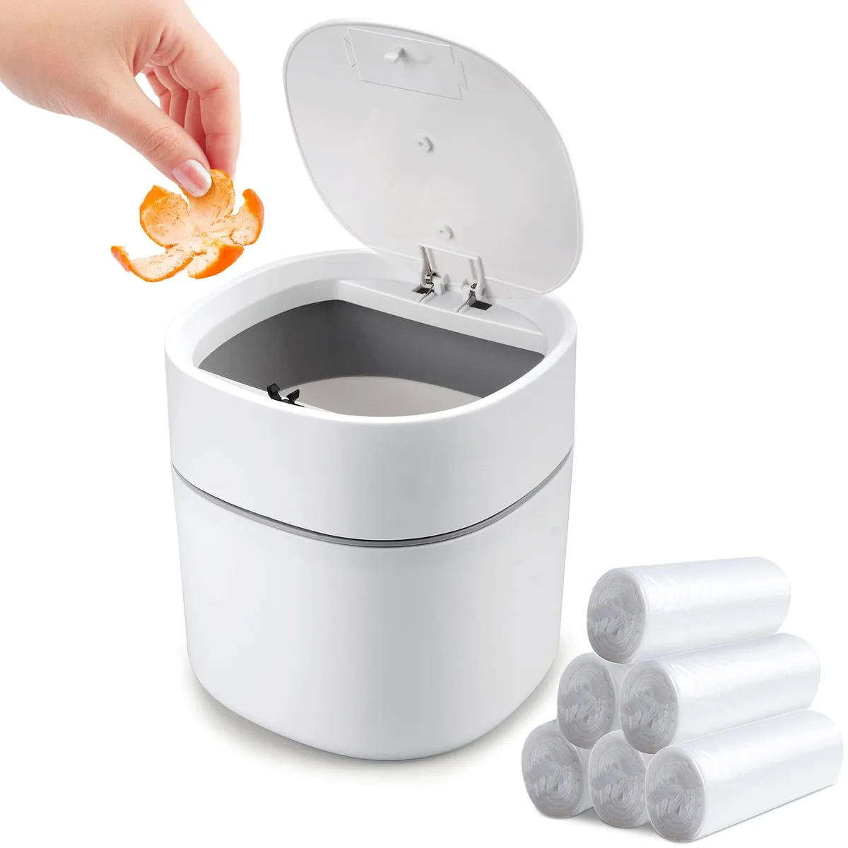 Three small white plastic bins with press-top lids