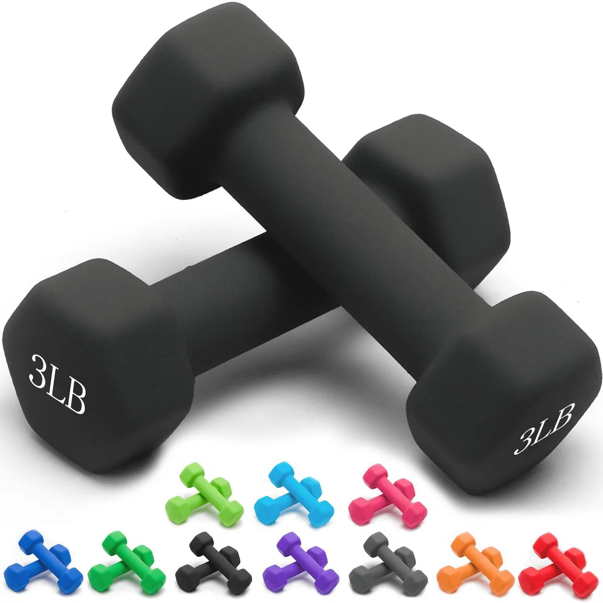 Pair of black 3 lb neoprene dumbbells with hexagonal heads and rubber handles