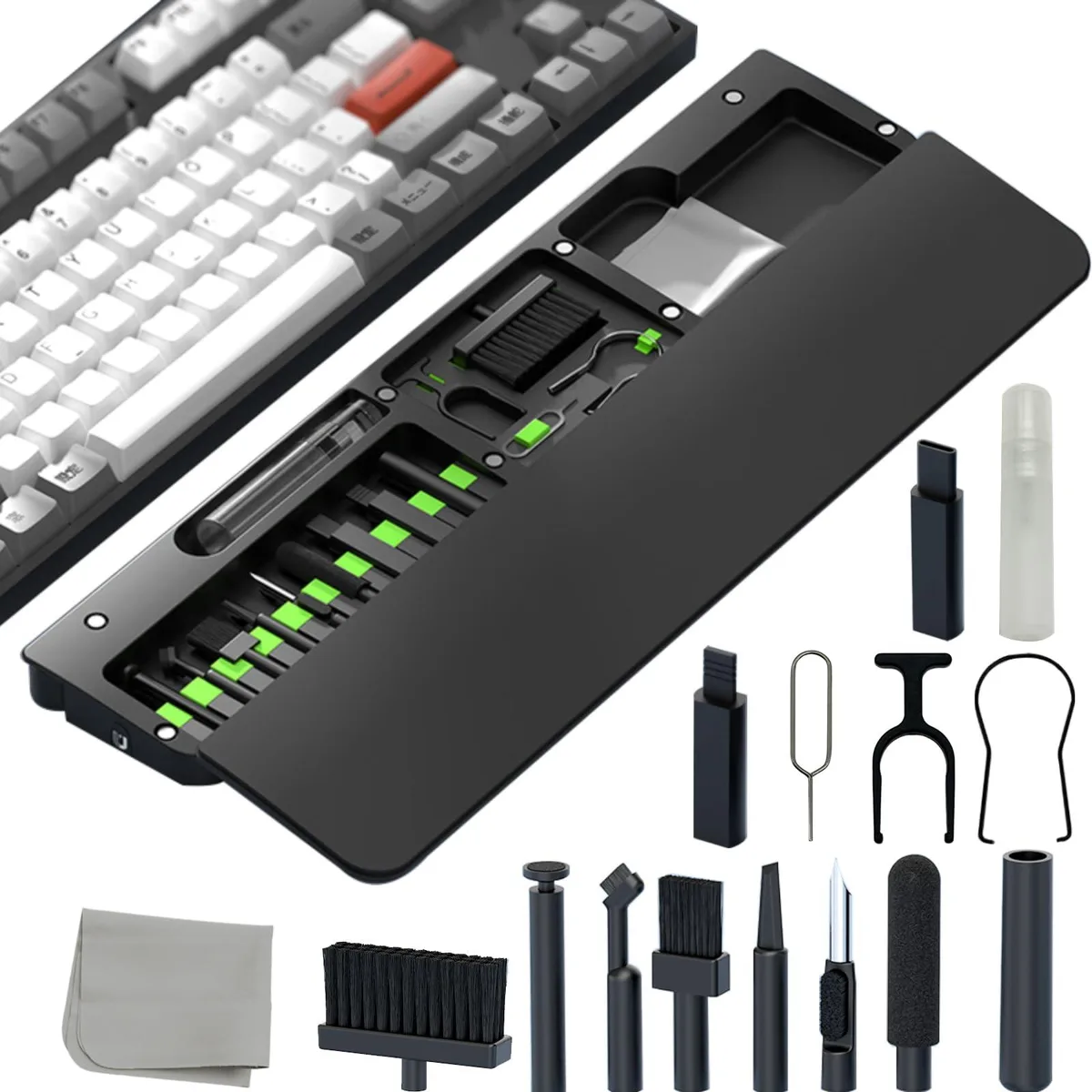 Black leather wrist rest with lid open showing cleaning brushes, empty bottle and tools inside