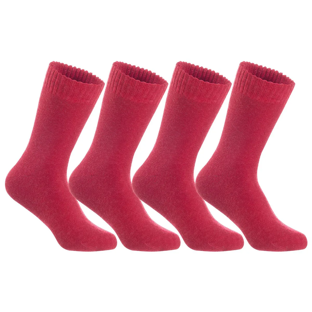 Four pairs of red wool crew socks folded together