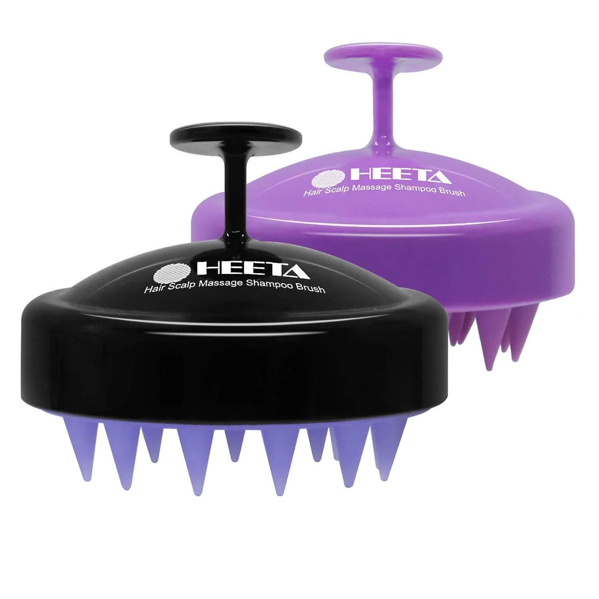 Two black and purple silicone scalp massagers with ergonomic handles