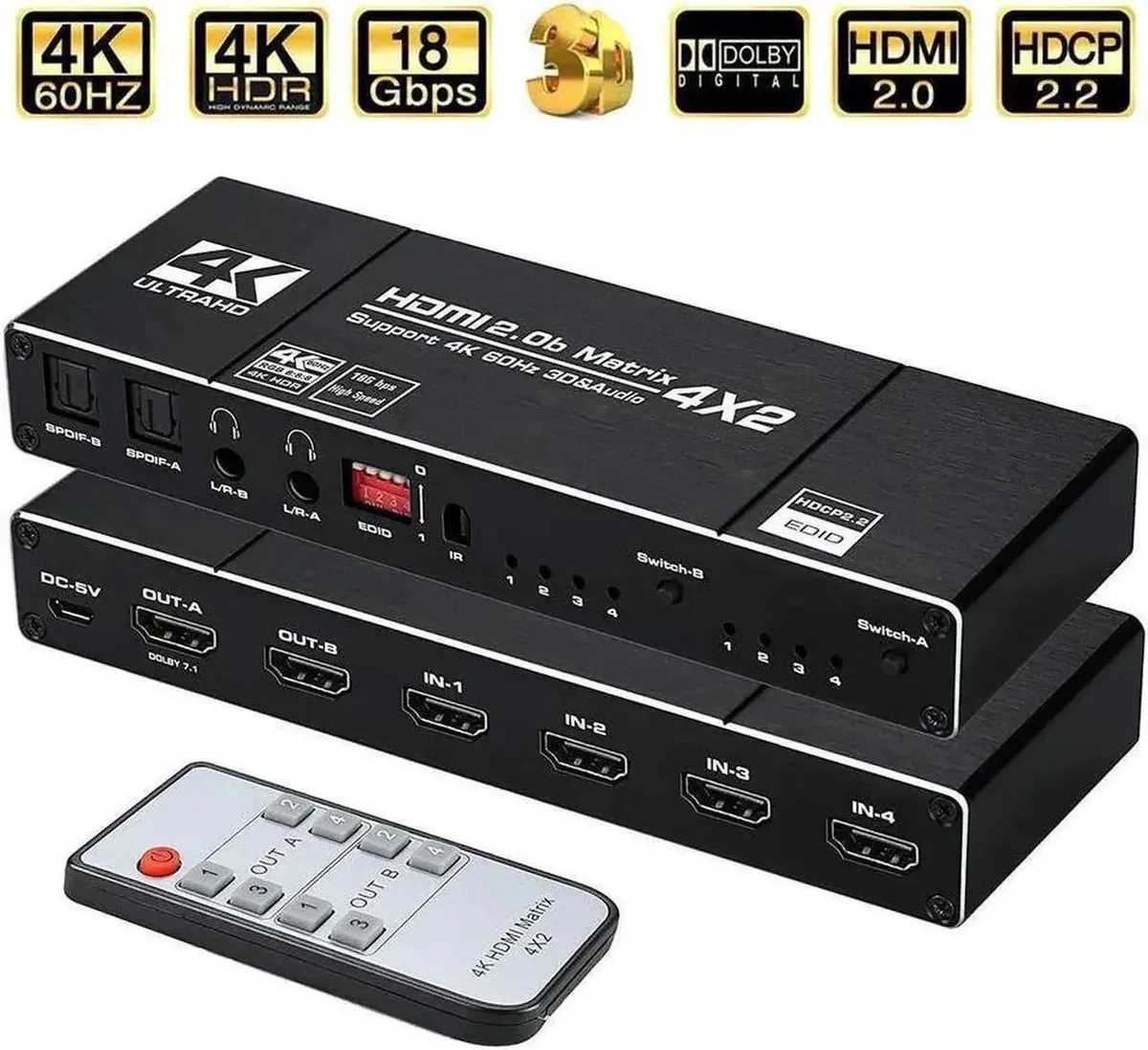 SMUGDESK SMUGDESK 4×2 HDMI 2.0b Matrix Switch 4K@60Hz 18.5Gbps HDR10 HDCP2.2 Dual Audio IR Remote — product photo