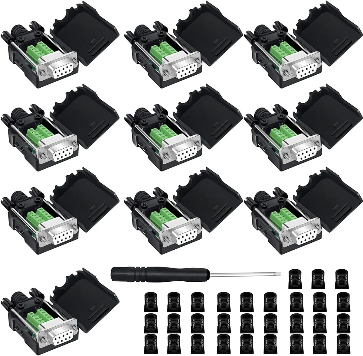 Ten white DB9 breakout adapters with black screw terminals and green cases