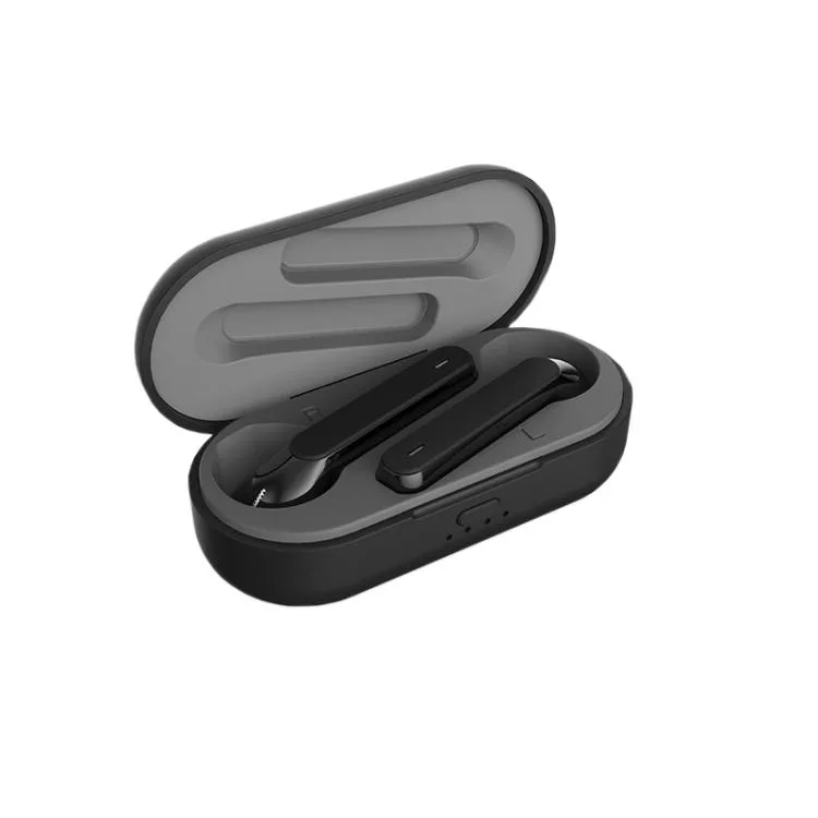 Pair of black true-wireless earbuds in charging case