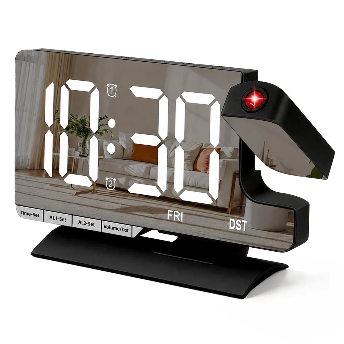Black rectangular projection clock with 7.3 inch mirror LED display and rotatable projector
