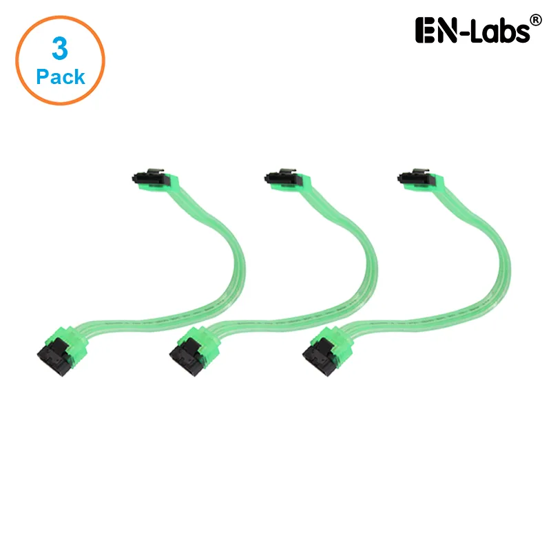 EN-Labs EN-Labs 3PKSATAIII10GN SATA cable 3-pack UV Green 10 inch 6Gbps locking latch — product photo